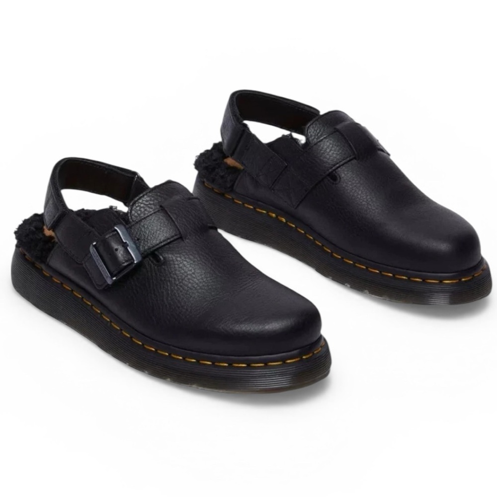 Dr. Martens Jorge II FL Ambassador Black Strap Back Faux Fur Lined Clogs